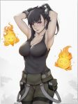  1girl absurdres adjusting_hair armpits arms_up bangs bare_shoulders black_hair black_tank_top breasts cleavage commentary_request enen_no_shoubotai fire flame gloves highres large_breasts liya_nikorov long_hair looking_at_viewer maki_oze muscle muscular_female parted_lips ponytail purple_eyes solo standing tank_top uniform witch 