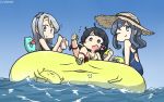  3girls 4others ahoge asymmetrical_bangs bangs beige_bikini black_hair blue_bow blue_eyes blue_hair blue_hairband blue_sky blue_swimsuit bow commentary_request competition_swimsuit dated drink enemy_lifebuoy_(kantai_collection) food fruit gotland_(kantai_collection) gradient_sky green_eyes hair_bun hairband hamu_koutarou hat highres kantai_collection long_hair low-tied_long_hair mizuho_(kantai_collection) mole mole_under_eye multiple_girls multiple_others one-piece_swimsuit one_eye_closed purple_eyes sagiri_(kantai_collection) school_swimsuit sidelocks silver_hair sky straw_hat sun_hat swept_bangs swimsuit very_long_hair watermelon 