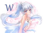  1girl bare_shoulders blue_eyes dress earrings highres iesupa jewelry long_hair necklace pendant rwby scar scar_across_eye side_ponytail solo strapless strapless_dress tiara weiss_schnee white_dress white_hair 