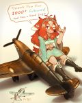  ! 2018 aircraft airplane anthro boots breasts canid canine canis clothed clothing domestic_dog english_text female fluffy fluffy_tail footwear fur hair hand_gesture hi_res hideki_kaneda long_hair looking_at_viewer mammal midriff one_eye_closed p-35 pink_fur red_eyes red_hair sitting solo speech_bubble spitfire text toy wink 