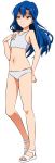  1girl absurdres akizuki_ritchan arm_behind_back bangs bikini blue_hair closed_mouth flat_chest floating_hair full_body groin hair_between_eyes highres idolmaster idolmaster_(classic) kisaragi_chihaya long_hair navel red_eyes shiny shiny_hair solo sports_bikini standing swimsuit transparent_background white_bikini 