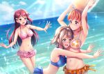  3girls akatsuki_rabbit armpits arms_up ball beachball bikini bikini_skirt blue_bikini blue_eyes blue_sky blush bow braid breast_press breasts cleavage cloud collarbone day dutch_angle floating_hair frilled_bikini frills grey_hair groin hair_between_eyes hair_bow hair_ornament hairclip layered_skirt long_hair love_live! love_live!_sunshine!! medium_breasts miniskirt multiple_girls navel ocean orange_bow orange_hair orange_ribbon outdoors outstretched_arm outstretched_arms pink_bikini print_bikini_top red_eyes red_hair red_ribbon ribbon sakurauchi_riko shiny shiny_hair short_hair sideboob skirt sky sparkle sunlight swimsuit takami_chika very_long_hair wading watanabe_you white_bikini yellow_eyes yellow_skirt 