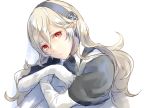  1girl closed_mouth corrin_(fire_emblem) corrin_(fire_emblem)_(female) elbow_gloves fire_emblem fire_emblem_fates gloves grey_hairband hair_between_eyes hairband leg_hug long_hair looking_at_viewer pointy_ears red_eyes robaco short_sleeves silver_hair simple_background solo upper_body very_long_hair white_background white_gloves wing_collar 