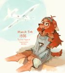  2018 aircraft anthro canid canine canis clothed clothing domestic_dog english_text eyewear female fluffy fluffy_tail fur glasses hair hi_res hideki_kaneda long_hair mammal midriff open_mouth pink_fur red_eyes red_hair sitting solo spitfire text 