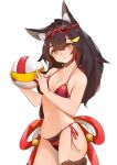  1girl alternate_costume animal_ear_fluff animal_ears ball bare_shoulders bell bikini black_hair closed_mouth collarbone eyebrows_visible_through_hair eyewear_on_head groin hair_ornament hairclip highres holding holding_ball hololive long_hair looking_at_viewer majocc_(dusty051) multicolored_hair navel ookami_mio solo streaked_hair string_bikini striped striped_bikini striped_bikini_bottom striped_bikini_top sunglasses swimsuit tail virtual_youtuber volleyball white_background wolf_ears wolf_tail yellow_eyes 