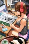  1girl bare_shoulders blue_eyes book bookshelf breasts brown_hair cleavage desk desk_lamp drawing eraser fan food from_side grey_tank_top highres ink lamp large_breasts manga_(object) onigiri original pink_shorts poster_(object) ruler short_hair short_shorts shorts sitting tank_top tray urasuji_samurai yaoi 