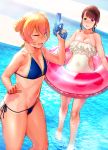  2girls ^_^ ^o^ bikini blonde_hair blue_bikini blush braid breasts brown_hair cleavage closed_eyes eyebrows_visible_through_hair flat_chest hair_between_eyes highres iku_(ikuchan_kaoru) innertube multiple_girls navel ocean one-piece_swimsuit one-piece_tan original parted_lips pubic_hair pubic_hair_peek purple_eyes swimsuit tan tanline wading water_gun white_swimsuit 