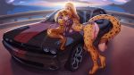  16:9 5_fingers absurd_res ailaanne anthro barefoot bent_over bionic_arm blonde_hair blue_eyes breasts butt car cheetah clothed clothing detailed_background dodge_challenger felid feline female fingers hair hi_res leaning long_hair looking_at_viewer mammal outside ponytail skimpy smile solo spots sunset sydea vehicle 