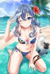 1girl ;) alternate_costume ball bangs bare_shoulders beach beach_towel bikini blue_eyes blue_hair blue_sky blush breasts closed_mouth cloud collarbone commentary_request day drink eyebrows_visible_through_hair flower frilled_bikini frills gotland_(kantai_collection) hair_between_eyes hair_flower hair_ornament highres holding jewelry kantai_collection long_hair looking_at_viewer medium_breasts mole mole_under_eye navel neko_danshaku ocean one_eye_closed outdoors palm_tree ramune ring sand seiza sheep side-tie_bikini sitting sky smile solo sweat swimsuit thigh_strap towel tree water wedding_band 