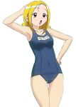  2016 absurdres ahoge armpits artist_request bare_arms bare_shoulders blonde_hair blue_swimsuit brown_eyes covered_navel foreshortening hand_on_hip highres long_hair name_tag ojamajo_doremi one-piece_swimsuit open_mouth sakura_swim_club scan school_swimsuit swimsuit tamaki_reika white_background 