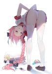  1boy ass astolfo_(fate) bag bent_over black_bow black_ribbon blonde_hair bow braid cellphone commentary_request damda fate/grand_order fate_(series) hair_bow ice long_braid long_hair looking_at_viewer male_focus multicolored_hair otoko_no_ko panties phone pink_hair pink_skirt purple_eyes ribbon shirt short_sleeves sieg_(fate/apocrypha) simple_background single_braid skirt smile streaked_hair thighhighs underwear white_background white_hair white_legwear white_panties white_shirt 