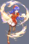  1girl blue_eyes blue_hair book boots bracelet capelet commentary_request eyebrows_visible_through_hair fire fire_emblem fire_emblem:_the_binding_blade hair_between_eyes highres holding holding_book jewelry leg_up lilina long_hair looking_at_viewer nichika_(nitikapo) open_mouth outstretched_arms pantyhose plaid plaid_skirt pose red_headwear red_shirt shirt simple_background skirt sleeveless sleeveless_shirt smile solo white_skirt 