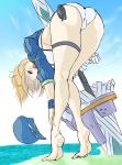  1girl artoria_pendragon_(all) ass baseball_cap bikini blonde_hair blue_eyes blue_headwear blue_jacket blush breasts commentary_request cropped_jacket fate/grand_order fate_(series) feet hair_between_eyes hat highres ill jacket large_breasts legs long_hair mysterious_heroine_xx_(foreigner) open_mouth ponytail side-tie_bikini swimsuit thigh_strap white_bikini wristband 