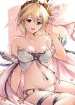  1girl :d bare_shoulders bikini blonde_hair blue_eyes blue_ribbon breasts cleavage collarbone commentary_request europa_(granblue_fantasy) granblue_fantasy groin hand_up highres koretsuki_azuma looking_at_viewer medium_breasts navel open_mouth pink_ribbon ribbon short_hair smile solo star stomach swimsuit thighs tiara white_bikini 