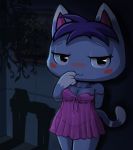  :3 animal_crossing blue_fur blue_hair blush breasts clothing felid feline female fur hair lingerie looking_at_viewer mammal markings mochi-bun navel nintendo plant rosie_(animal_crossing) seductive shadow smile solo standing striped_tail stripes table video_games white_markings 