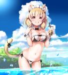  1girl :d animal_ears bare_shoulders bikini blue_sky bow breasts brown_hair bubble_tea cat_ears cat_tail cleavage cloud cloudy_sky collarbone commentary_request cuffs detached_collar drinking_straw flower hair_flower hair_ornament handcuffs holding horizon leaning_forward looking_at_viewer maid maid_headdress marine_day navel nitchi ocean open_mouth original partially_submerged ribbon short_hair side-tie_bikini silver_eyes sky smile solo swimsuit tail tail_bow tail_ribbon 
