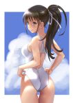  1girl adjusting_clothes adjusting_swimsuit ass blue_sky breasts brown_eyes brown_hair closed_mouth cloud commentary_request competition_swimsuit cowboy_shot from_behind hair_ribbon hands_on_hips highres katahira_masashi long_hair looking_away looking_to_the_side medium_breasts one-piece_swimsuit original ponytail ribbon sky smile solo swimsuit white_swimsuit 