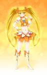  1girl aposine blonde_hair blush boots choker closed_mouth commentary cure_sunshine english_commentary eyebrows_visible_through_hair hand_on_hip head_tilt heartcatch_precure! high_heels highres long_hair looking_at_viewer navel precure puffy_short_sleeves puffy_sleeves short_sleeves skirt smile solo standing twintails very_long_hair white_footwear wrist_cuffs yellow_eyes 