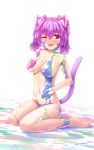  1girl :3 :d alanah_(cardgamesinspace) animal_ears aposine barefoot blush bodypaint bow cat_ears cat_tail collarbone commentary covering covering_one_breast english_commentary eyebrows_visible_through_hair hair_between_eyes hair_bow highres looking_at_viewer navel one_eye_closed open_mouth original purple_eyes purple_hair red_bow sitting smile solo tail twintails wariza white_background 