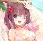  1girl ;d animal_ear_fluff animal_ears arm_up bikini bikini_under_clothes blurry blurry_foreground breasts brown_hair cat_ears cleavage collarbone commentary_request day depth_of_field fang flower front-tie_bikini front-tie_top hair_flower hair_ornament hairclip hoshi_(snacherubi) jacket large_breasts long_hair off_shoulder one_eye_closed open_clothes open_jacket open_mouth original outdoors pink_jacket purple_eyes red_flower see-through short_sleeves smile solo swimsuit twintails upper_body water white_bikini 