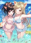  2girls :d ;) ahoge animal_ears armpits ball bangs bare_arms bare_shoulders beachball bikini bikini_skirt black_hair blue_sky blush bow breasts bubble cat_ears cat_girl cat_tail caustics cleavage closed_mouth cloud collarbone commentary commission day eyebrows_visible_through_hair fingernails fish front-tie_bikini front-tie_top hair_bow hand_up high_ponytail horizon innertube light_brown_hair long_hair medium_breasts multiple_girls navel ocean one_eye_closed open_mouth orange_bow orange_eyes original outdoors outstretched_arm pinb pink_bow ponytail reaching_out red_eyes self_shot sky smile standing striped striped_bikini swimsuit symbol_commentary tail tail_bow tail_raised v very_long_hair wading water 