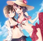  2girls ahoge bikini blush braid breasts brown_hair cleavage cloud day floral_print flower hair_between_eyes hair_flaps hat hat_flower hip_bones jacket kantai_collection long_hair low_twintails multiple_girls naoto_(tulip) navel ocean open_mouth outdoors purple_hair red_eyes remodel_(kantai_collection) ryuuhou_(kantai_collection) scrunchie shigure_(kantai_collection) single_braid sky smile sun_hat swimsuit taigei_(kantai_collection) twintails water 