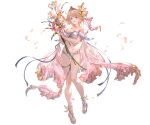  1girl alpha_transparency ass_visible_through_thighs bangs bare_shoulders bikini blonde_hair blue_eyes blush breasts cleavage collarbone europa_(granblue_fantasy) flower granblue_fantasy hair_between_eyes hair_flower hair_ornament large_breasts lily_(flower) looking_at_viewer minaba_hideo navel official_art open_mouth petals sandals short_hair skindentation smile solo swimsuit thigh_gap thigh_strap tiara transparent_background white_bikini white_flower 