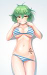  1girl aposine bikini bikini_pull blush breasts closed_mouth collarbone commentary cowboy_shot english_commentary eyebrows_visible_through_hair fingersmile gradient gradient_background green_hair hair_between_eyes head_tilt highres hikage_(senran_kagura) large_breasts looking_at_viewer messy_hair navel senran_kagura short_hair silhouette smile solo standing striped striped_bikini swimsuit tattoo thigh_gap yellow_eyes 