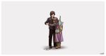  2boys absurdres bag bangs black_pants black_shirt bob_cut boots brown_hair dragon_quest dragon_quest_xi grey_background hero_(dq11) highres hug letter male_focus multiple_boys nin_nakajima no_mouth pants parted_bangs real_life sakurai_masahiro shirt shoulder_bag signature simple_background super_smash_bros. surprised tunic waist_hug 