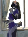  absurd_res anthro black_fur black_hair bottomwear claws clothed clothing domestic_cat eyes_closed felid feline felis female fur hair hi_res inside long_hair mammal open_mouth pororikin shorts side_view solo teeth white_fur window yawn 