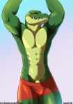  2019 abs absurd_res alligator alligatorid anthro biceps biped boxers_(clothing) cantor_(hextra) clothed clothing crocodilian digital_media_(artwork) front_view gradient_background green_eyes green_scales hands_above_head hextra hi_res male muscular muscular_male pecs penis penis_base red_clothing red_underwear reptile scales scalie shiuk simple_background solo standing teeth topless underwear url 