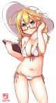  1girl ahoge alternate_costume artist_logo bikini blonde_hair blue_ribbon blush book breasts cameltoe collarbone commentary_request covered_nipples cowboy_shot dated eyebrows_visible_through_hair feet_out_of_frame hair_between_eyes hair_ribbon hat highres i-8_(kantai_collection) kanon_(kurogane_knights) kantai_collection large_breasts looking_at_viewer low_twintails navel revision ribbon signature simple_background solo string_bikini sun_hat swimsuit twintails white_background white_bikini white_headwear 