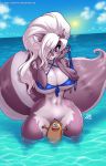  anthro big_breasts bikini bottomless breasts chloe_sinclaire cleavage clothed clothing convenient_censorship darkereve female feral mammal mephitid skunk solo_focus swimwear water 