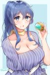  1girl aqua_background ayuko91 blouse blue_blouse blue_hair border breasts casual cleavage commentary_request cream_puff food food_on_face gotland_(kantai_collection) highres kantai_collection large_breasts long_hair looking_at_viewer mole mole_under_eye ponytail solo striped_blouse twitter_username two-tone_background upper_body white_border 