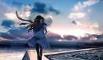  1boy 1girl absurdres black_hair brown_hair carrying character_request cloud cloudy_sky copyright_request facing_away highres holding_another kukka long_hair looking_at_another outdoors piggyback red_scarf scarf scenery short_hair short_sleeves skirt sky sunset white_skirt 