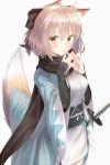  1girl absurdres ahoge animal_ear_fluff animal_ears arm_guards bangs black_bow black_scarf blush bow breasts brown_eyes brown_hair cloud commentary_request cowboy_shot eyebrows_visible_through_hair fate/grand_order fate_(series) fidgeting fox_ears fox_girl fox_tail frown grey_background hair_bow highres japanese_clothes jun_(540000000000000) katana kemonomimi_mode kimono koha-ace looking_at_viewer medium_breasts obi okita_souji_(fate) okita_souji_(fate)_(all) open_clothes own_hands_together sash scarf sheath sheathed short_hair short_ponytail simple_background solo sword tail weapon white_kimono 