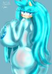  2019 anthro ao32686845 areola big_breasts big_butt big_nipples blue_eyes blush breasts butt digital_media_(artwork) domestic_cat fan_character felid feline felis female fur hair huge_breasts huge_butt hyper hyper_breasts long_hair looking_at_viewer mammal mint_(character) nipples nude puffy_nipples smile solo sonic_(series) teal_body video_games 