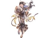  1girl ;d alpha_transparency arm_up bangs black_eyes black_hair blush collarbone fan full_body goggles goggles_on_head granblue_fantasy hair_ornament holding holding_fan japanese_clothes jessica_(granblue_fantasy) kimono long_hair long_sleeves looking_at_viewer minaba_hideo obi official_art one_eye_closed open_mouth sandals sash smile solo transparent_background wide_sleeves yukata 
