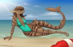  2019 anthro beach breasts clothed clothing female fish hair hi_res long_hair looking_at_viewer lying marine non-mammal_breasts on_side outside pinup pose psalm seaside shark small_breasts smile solo swimwear wolfpsalm 