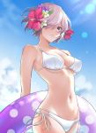  1girl bare_shoulders bikini blue_sky blush breasts cleavage closed_mouth cloud collarbone cowboy_shot cst day fate/grand_order fate_(series) flower hair_flower hair_ornament hair_over_one_eye hibiscus innertube light_rays looking_at_viewer mash_kyrielight medium_breasts navel outdoors pink_flower pink_hair polka_dot purple_eyes ribbon short_hair side-tie_bikini sky solo stomach sunbeam sunlight swimsuit underboob white_bikini white_flower white_ribbon 