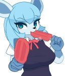  2019 anthro blue_eyes blue_hair blush clothed clothing digital_media_(artwork) eating eeveelution female food glaceon hair holding_food holding_object looking_at_viewer nintendo pinkcappachino pok&eacute;mon pok&eacute;mon_(species) popsicle simple_background solo video_games white_background 