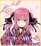  1girl bangs black_ribbon blue_eyes breasts collarbone commentary_request eyebrows_visible_through_hair floral_print flower go-toubun_no_hanayome hair_between_eyes hair_ribbon hand_up highres japanese_clothes kimono kiri_sakura long_hair long_sleeves looking_at_viewer medium_breasts nakano_nino parted_lips photo pink_flower pink_hair print_kimono purple_kimono ribbon shikishi solo striped traditional_media tree_branch two_side_up upper_body vertical-striped_kimono vertical_stripes wide_sleeves 