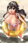  1girl barefoot beach bikini black_hair breasts cleavage collarbone fang frilled_bikini frills highres innertube kantai_collection large_breasts long_hair multicolored_hair naganami_(kantai_collection) open_mouth perspective pink_bikini pink_hair sand side-tie_bikini smile soaking_feet solo standing swimsuit two-tone_hair water waves wavy_hair yoshi_tama 