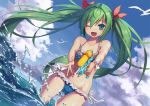 1girl ;d bikini bird blue_sky bow cloud cloudy_sky collarbone commentary cowboy_shot day dutch_angle frilled_bikini frills green_eyes green_hair hair_bow hatsune_miku highres holding_water_gun kyou-chan long_hair looking_at_viewer navel ocean one_eye_closed open_mouth outdoors seagull sky smile solo swimsuit thigh_gap twintails very_long_hair vocaloid water water_drop water_gun waves 