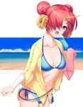 1girl bandaged_arm bandages beach bikini blue_bikini blue_eyes blue_sky breasts cleavage cloud collarbone cowboy_shot day detached_sleeves double_bun fate/grand_order fate_(series) food frankenstein&#039;s_monster_(fate) frankenstein&#039;s_monster_(swimsuit_saber)_(fate) hair_ornament hair_over_one_eye head_tilt headgear holding horizon horn jacket kinata_1 looking_at_viewer navel ocean open_mouth pink_hair popsicle shiny shiny_hair short_hair side-tie_bikini single_detached_sleeve sky sleeves_past_wrists small_breasts solo standing stomach swimsuit white_background yellow_jacket 