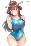  1girl adjusting_clothes adjusting_swimsuit ahoge alternate_costume bare_arms blue_swimsuit blush breasts brown_hair collarbone competition_school_swimsuit competition_swimsuit covered_navel cowboy_shot double_bun eyebrows_visible_through_hair hair_between_eyes hairband hand_on_own_leg headgear highres kantai_collection kongou_(kantai_collection) large_breasts long_hair looking_at_viewer miyako_(00727aomiyako) one-piece_swimsuit purple_eyes simple_background smile solo swimsuit white_background 