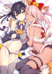  2girls :p animal_ears bell black_hair black_legwear black_panties blush bow breasts chloe_von_einzbern commentary eyebrows_visible_through_hair fake_animal_ears fate/kaleid_liner_prisma_illya fate_(series) fur_trim garter_straps gloves grey_legwear hair_bell hair_between_eyes hair_bow hair_ornament hairclip haishiki hands_on_another&#039;s_chest head_tilt highres long_hair looking_at_viewer lowleg lowleg_panties lying miyu_edelfelt multiple_girls navel open_mouth panties paw_gloves paws pink_hair shoulder_blades small_breasts thighhighs tongue tongue_out twintails underwear yellow_background 