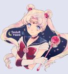 1girl bangs bishoujo_senshi_sailor_moon blonde_hair blue_background blue_eyes blue_sailor_collar bow brooch choker circlet closed_mouth copyright_name cutie_moon_rod double_bun elbow_gloves gloves hair_ornament hairpin holding holding_wand jewelry long_hair looking_at_viewer magical_girl parted_bangs red_bow red_neckwear sailor_collar sailor_moon sailor_senshi_uniform saki_(hxaxcxk) simple_background smile solo tsukino_usagi twintails upper_body wand white_gloves 