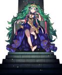  1girl barefoot bracelet fire_emblem fire_emblem:_three_houses fire_emblem_heroes full_body green_eyes green_hair highres jewelry long_hair maiponpon official_art pointy_ears sitting solo sothis sparkle stairs tiara transparent_background 