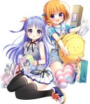  2girls :d backpack bag bangs bare_shoulders black_legwear black_ribbon blue_eyes blue_footwear blue_hair blue_ribbon blue_shorts blush book breasts brown_hair camisole denim denim_shorts eyebrows_visible_through_hair grey_camisole hair_between_eyes hair_ribbon hanamiya_natsuka holding holding_book looking_at_viewer multiple_girls neck_ribbon official_art open_book open_mouth orange_ribbon original paper_bag parted_bangs parted_lips pleated_skirt print_shirt purple_eyes ribbon shirt shoes short_shorts short_sleeves shorts sitting skirt small_breasts smile star striped striped_legwear thighhighs transparent_background two_side_up wariza white_shirt white_skirt wristband 